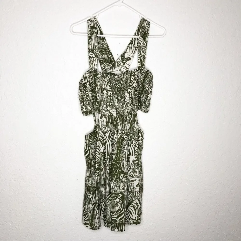 Anthropologie moss green cream safari animal cutout dress size XL Petite NWT